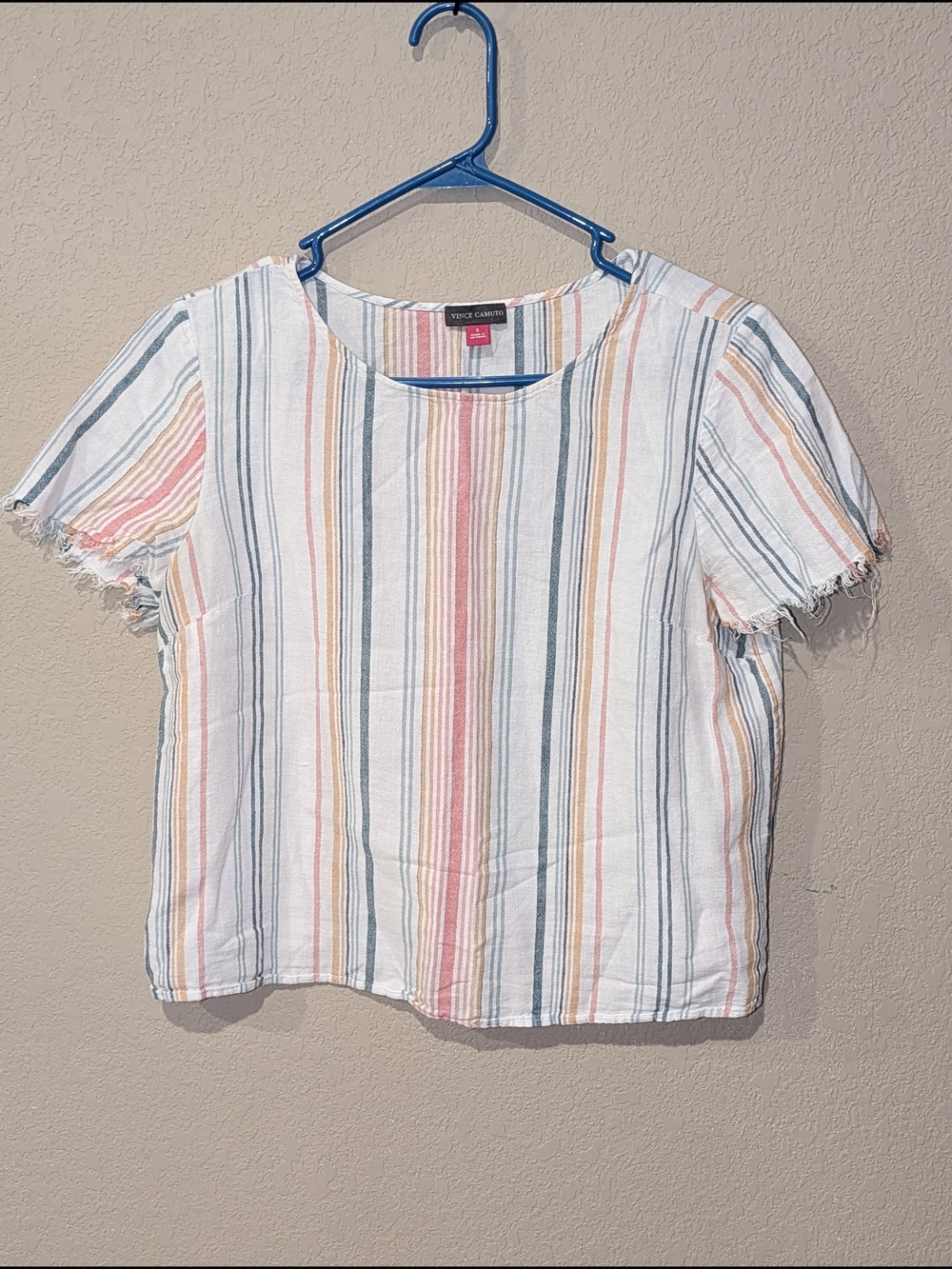 Vince Camuto White Multi-Stripe Short Sleeve Crop Top
